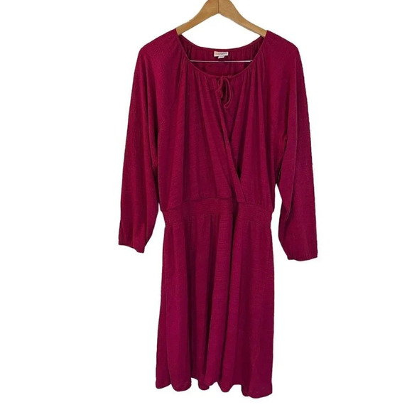 LulaRoe Hot Pink Midi Dress XL Draped Keyhole V Neck Long Balloon Sleeve Stretch - Picture 1 of 6